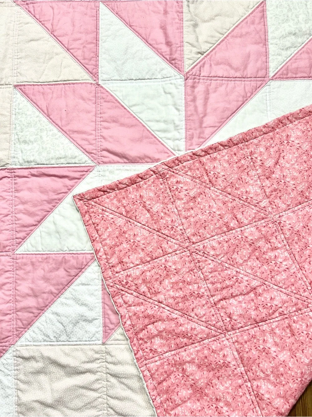 Handmade Pink and Cream Star Patchwork Quilt - Soft Home Bedding